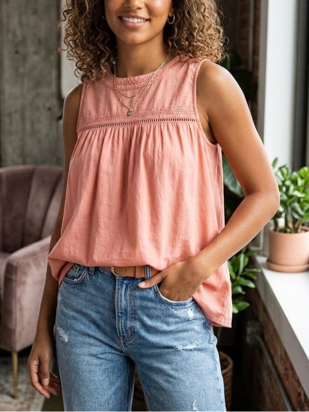 💥 $10 DEAL! 💥 Caslon Boho Crochet Eyelet Lace Tank Top Blouse Coral Pink🩷